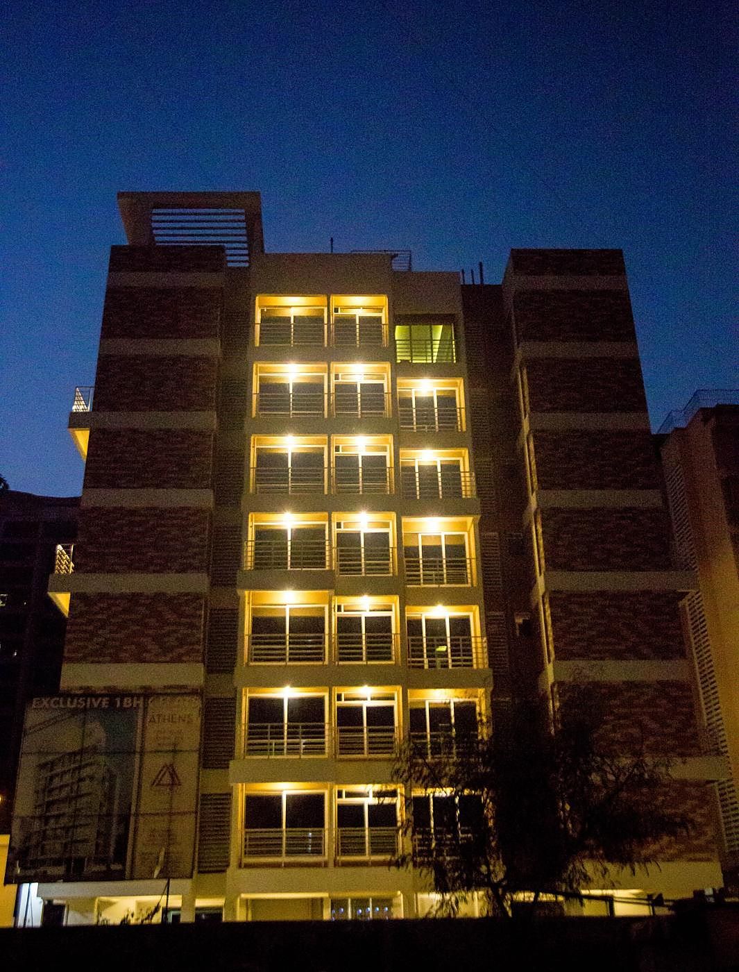 The building at dusk